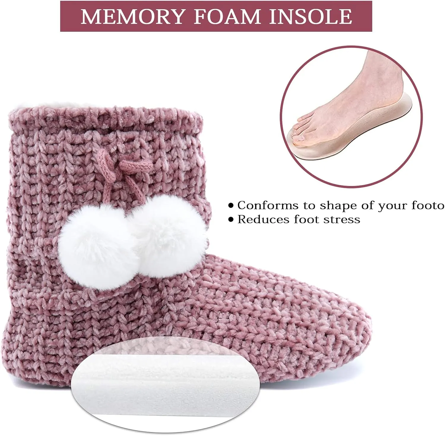 LORDFON Chenille Knit Womens Bootie Slippers with Cute Pom Pom,Comfy Winter Warm Plush Lining House Shoes,Indoor Boot Slippers for Women