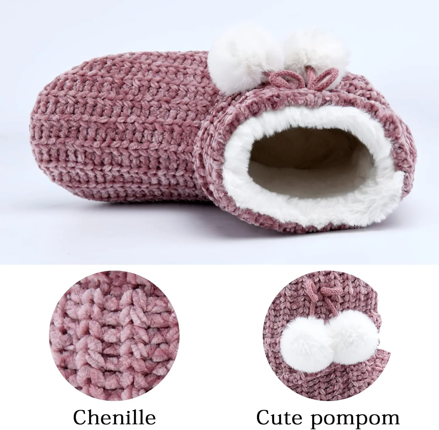 LORDFON Chenille Knit Womens Bootie Slippers with Cute Pom Pom,Comfy Winter Warm Plush Lining House Shoes,Indoor Boot Slippers for Women