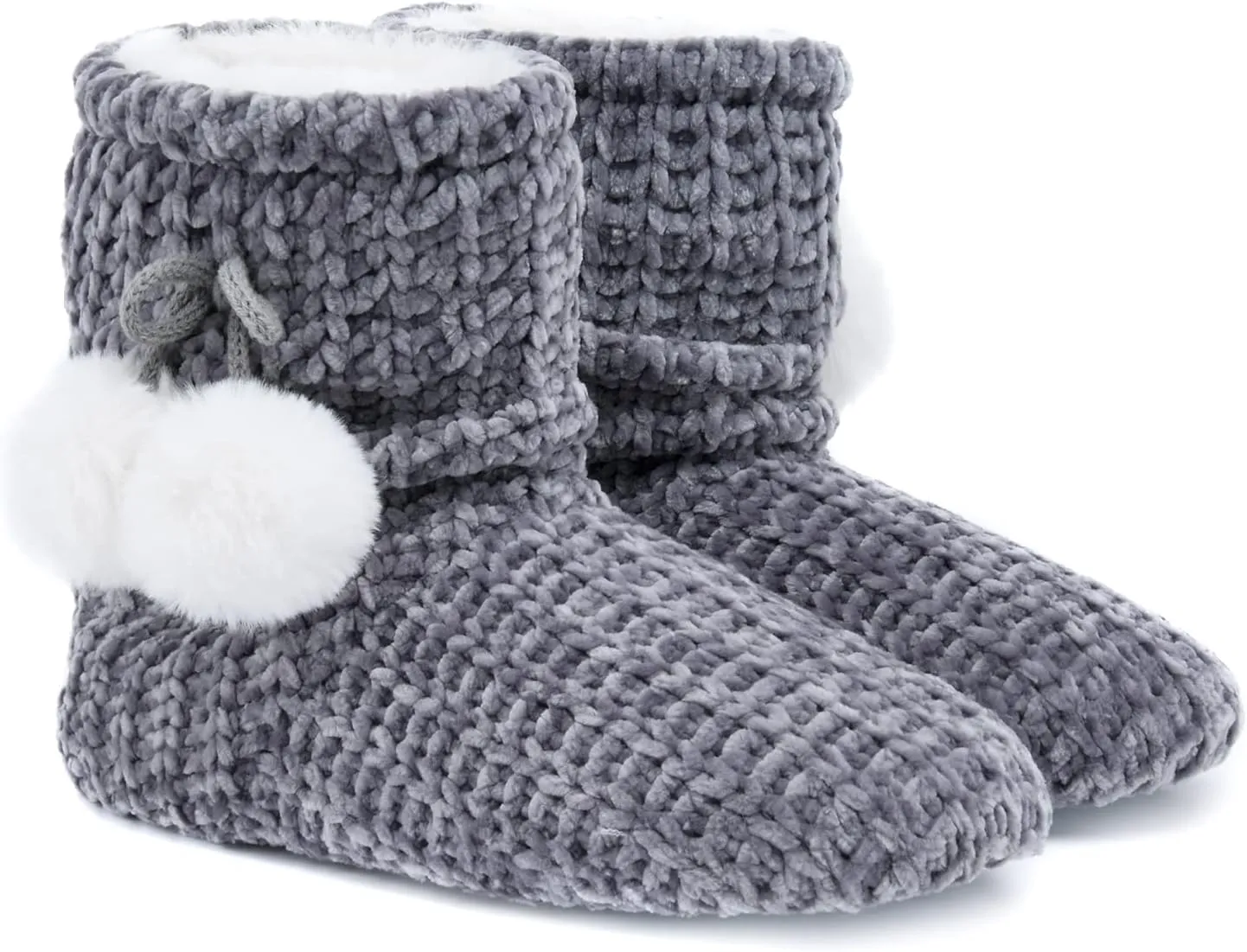 LORDFON Chenille Knit Womens Bootie Slippers with Cute Pom Pom,Comfy Winter Warm Plush Lining House Shoes,Indoor Boot Slippers for Women