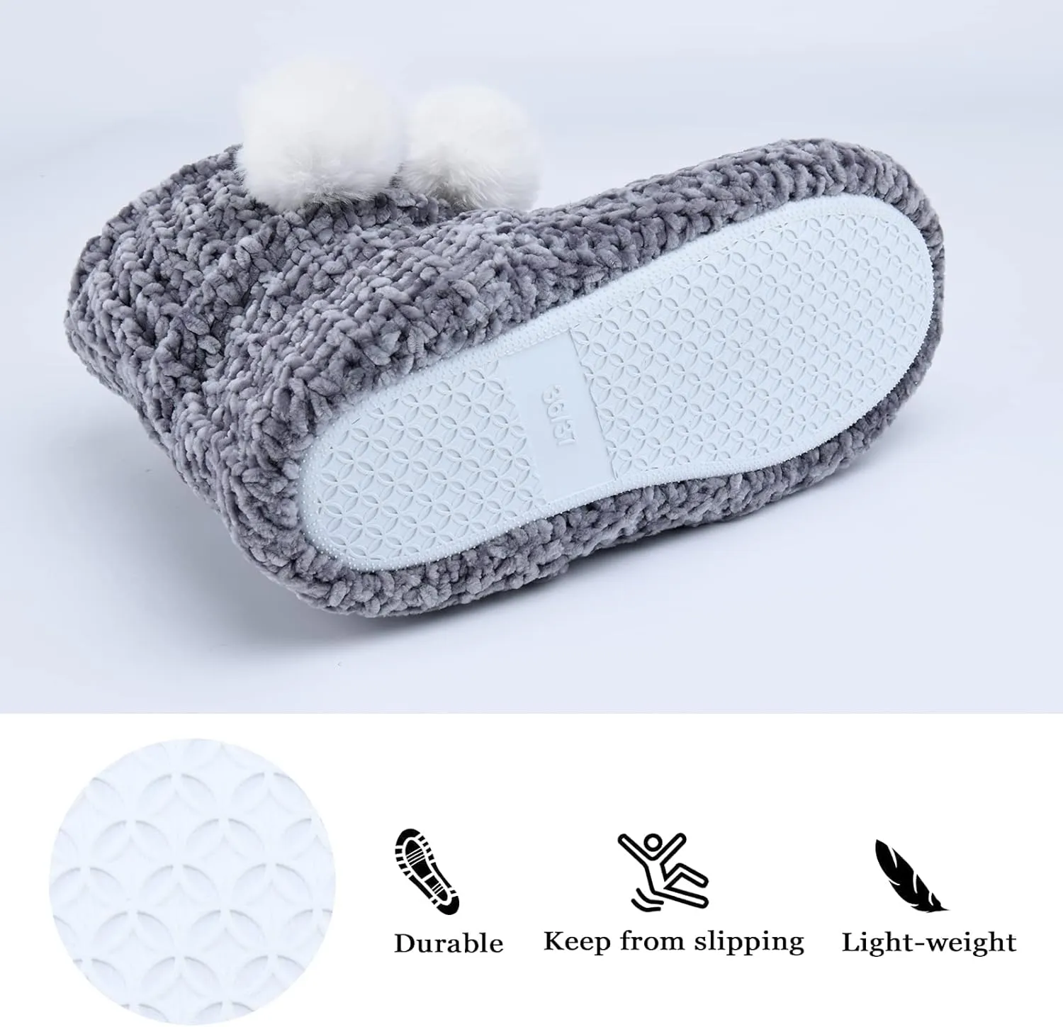 LORDFON Chenille Knit Womens Bootie Slippers with Cute Pom Pom,Comfy Winter Warm Plush Lining House Shoes,Indoor Boot Slippers for Women