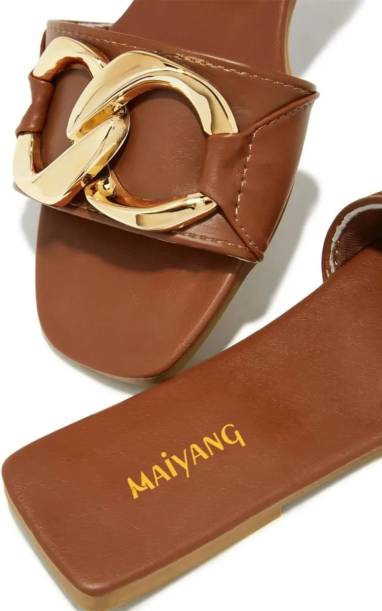 Maiyang Women Open Squre To Gold Chain Flat Slide Sandals Slip on Comfortable Summer Beach Casual Indoor Outdoor Slippers Size 4-16 US