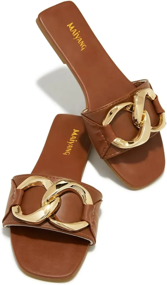 Maiyang Women Open Squre To Gold Chain Flat Slide Sandals Slip on Comfortable Summer Beach Casual Indoor Outdoor Slippers Size 4-16 US