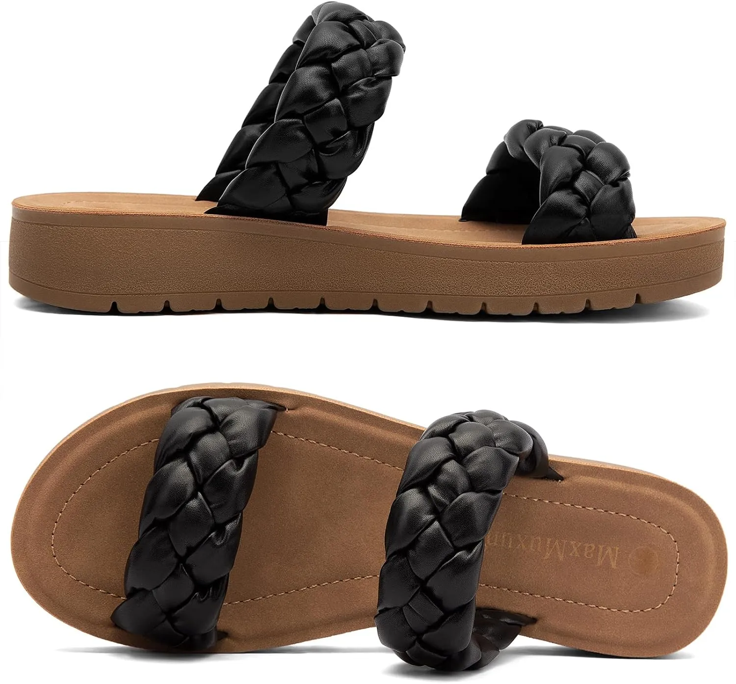 MaxMuxun Women's Braided Flat Sandals 2025 Two Band Open Toe Slide Sandals Slip On Summer Casual Mules Shoes