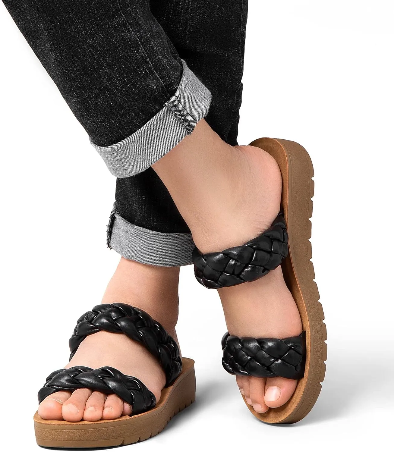 MaxMuxun Women's Braided Flat Sandals 2025 Two Band Open Toe Slide Sandals Slip On Summer Casual Mules Shoes