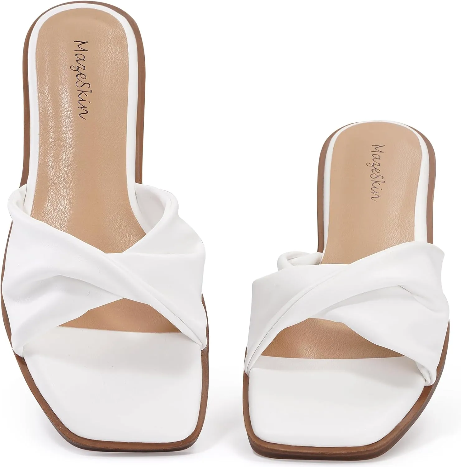 mazeskin Women's Dressy Slide Sandals Square Toe Comfortable Memory Foam Leather Summer Flat Sandals