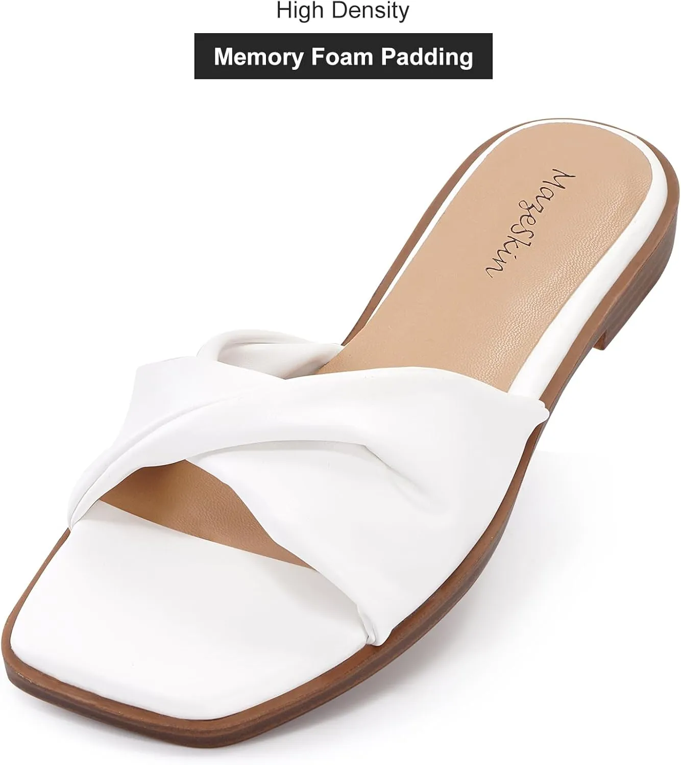 mazeskin Women's Dressy Slide Sandals Square Toe Comfortable Memory Foam Leather Summer Flat Sandals