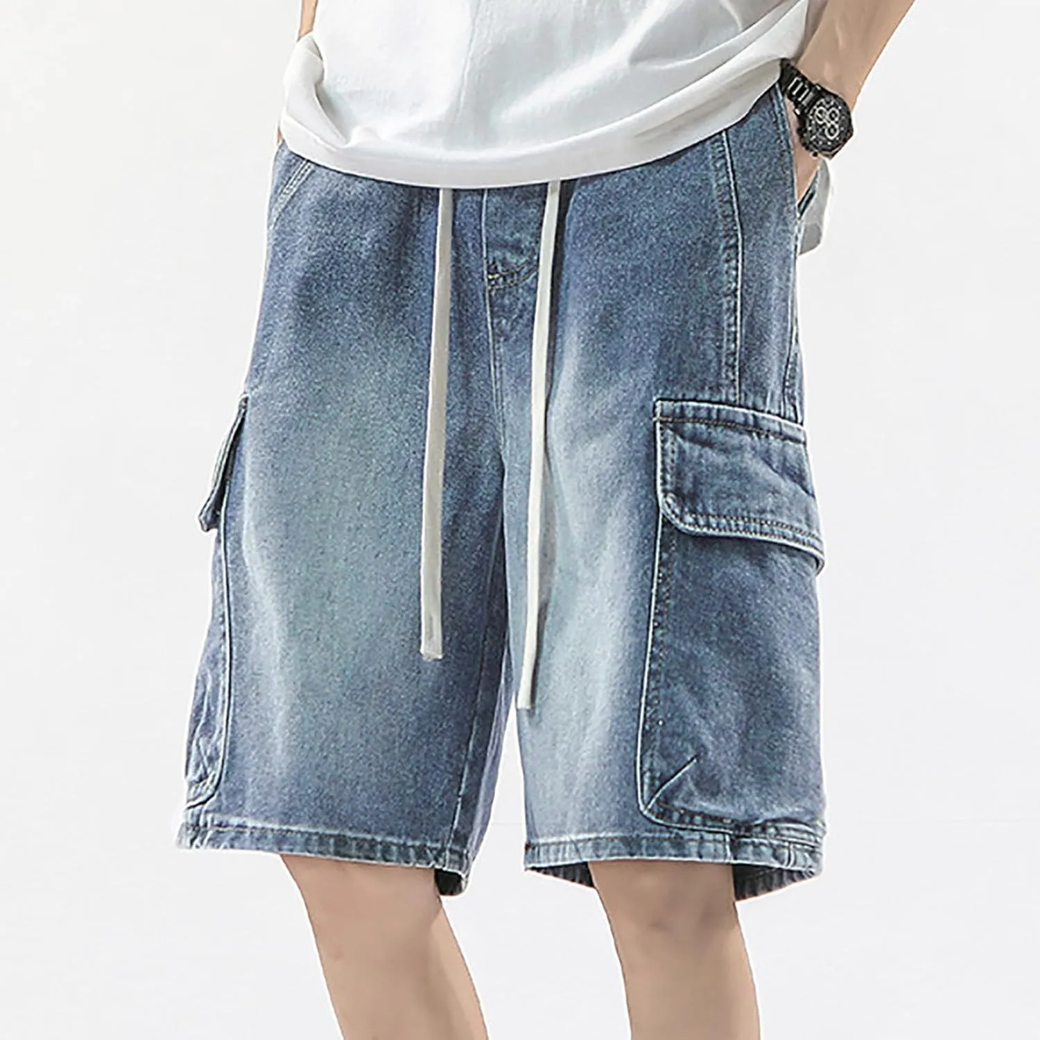 Men Loose Fit Denim Shorts Baggy Casual Summer Wide Leg Mid Jean Jorts Hip Hop Shorts Streetwear with Pockets