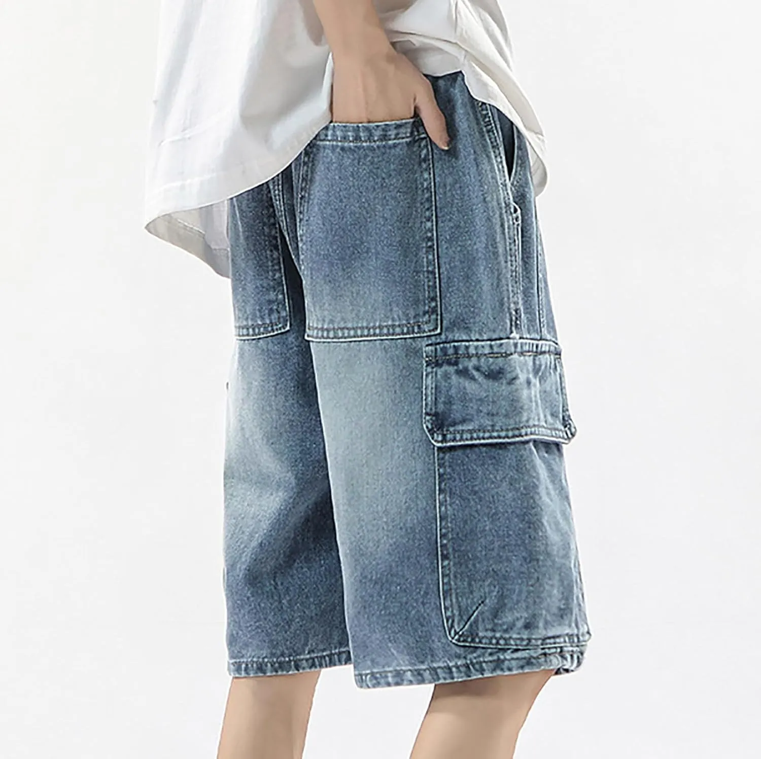 Men Loose Fit Denim Shorts Baggy Casual Summer Wide Leg Mid Jean Jorts Hip Hop Shorts Streetwear with Pockets