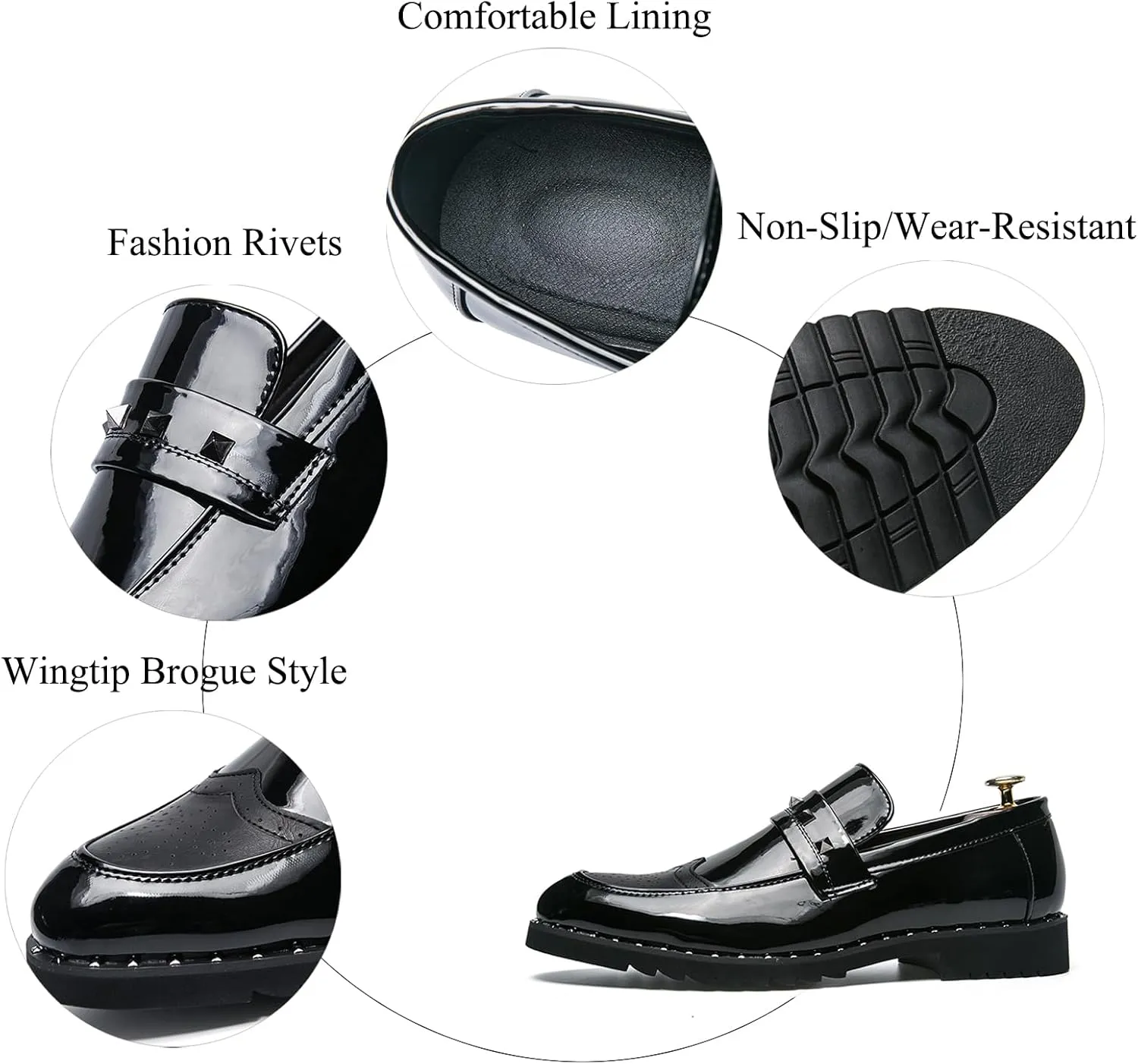 Men's Black Wingtip Brogue Loafers Fashion Rivet Comfort Slip On Dress Leather Shoes for Wedding Party Prom Business