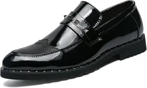 Men's Black Wingtip Brogue Loafers Fashion Rivet Comfort Slip On Dress Leather Shoes for Wedding Party Prom Business