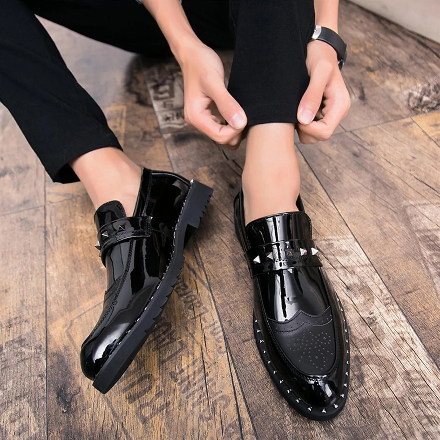 Men's Black Wingtip Brogue Loafers Fashion Rivet Comfort Slip On Dress Leather Shoes for Wedding Party Prom Business
