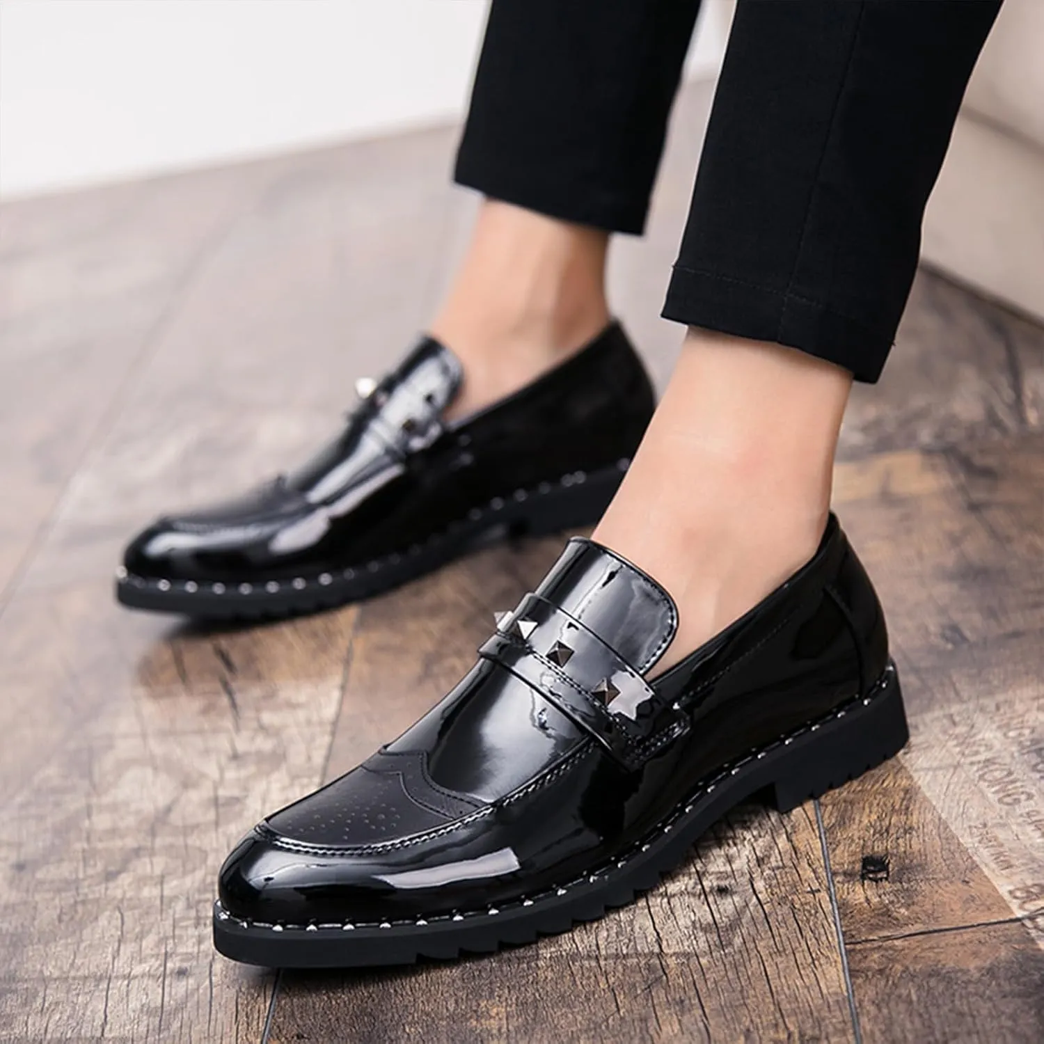 Men's Black Wingtip Brogue Loafers Fashion Rivet Comfort Slip On Dress Leather Shoes for Wedding Party Prom Business