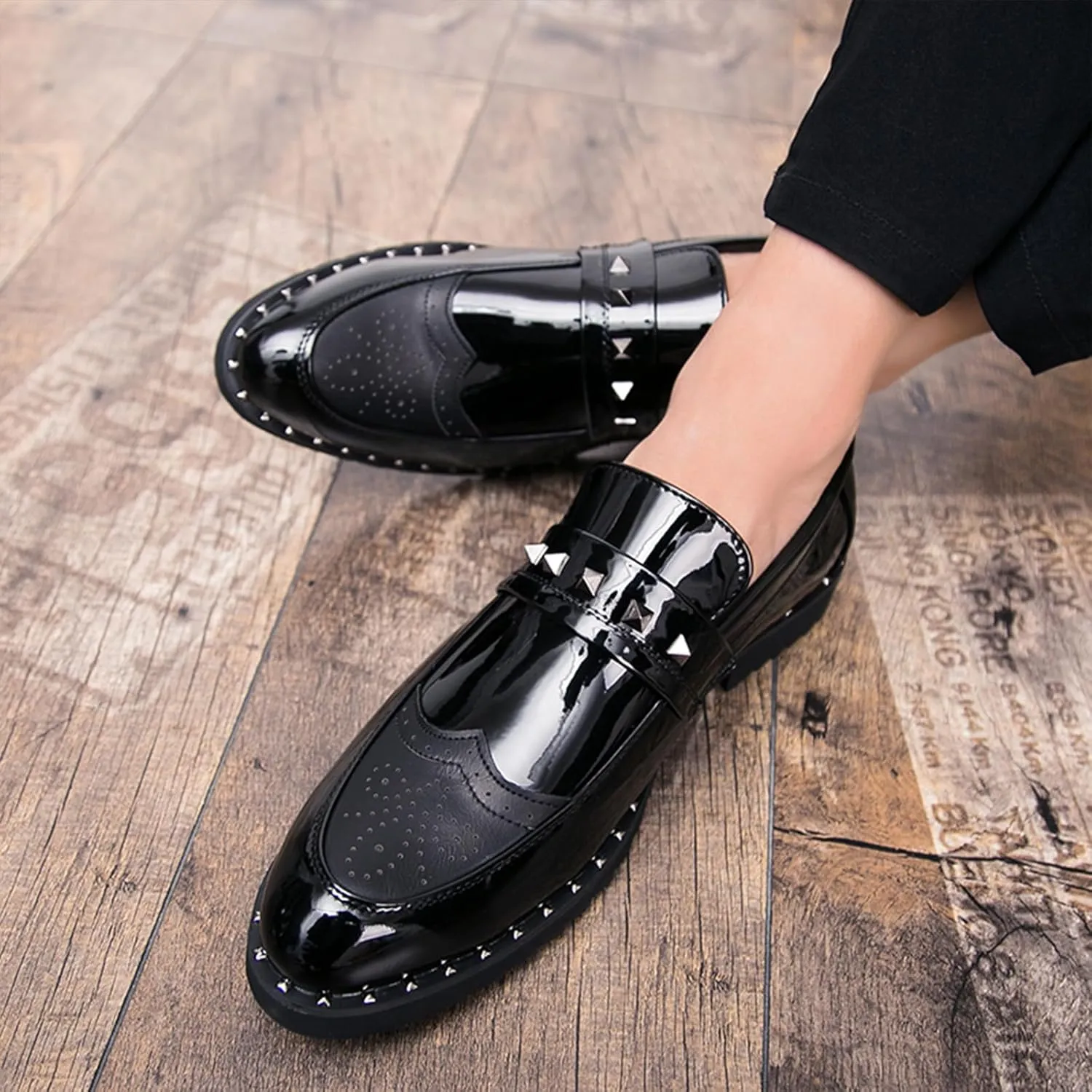 Men's Black Wingtip Brogue Loafers Fashion Rivet Comfort Slip On Dress Leather Shoes for Wedding Party Prom Business