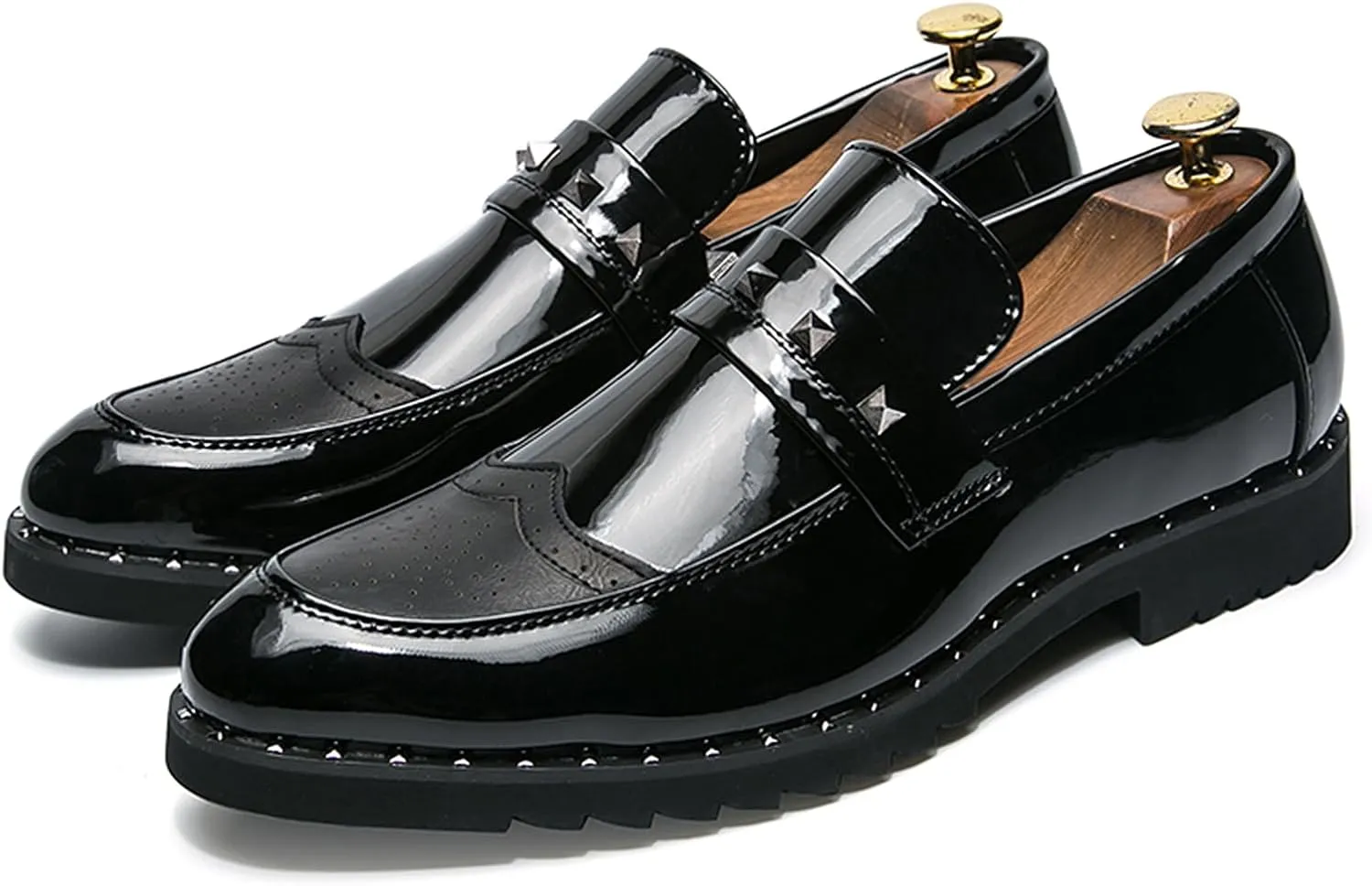 Men's Black Wingtip Brogue Loafers Fashion Rivet Comfort Slip On Dress Leather Shoes for Wedding Party Prom Business