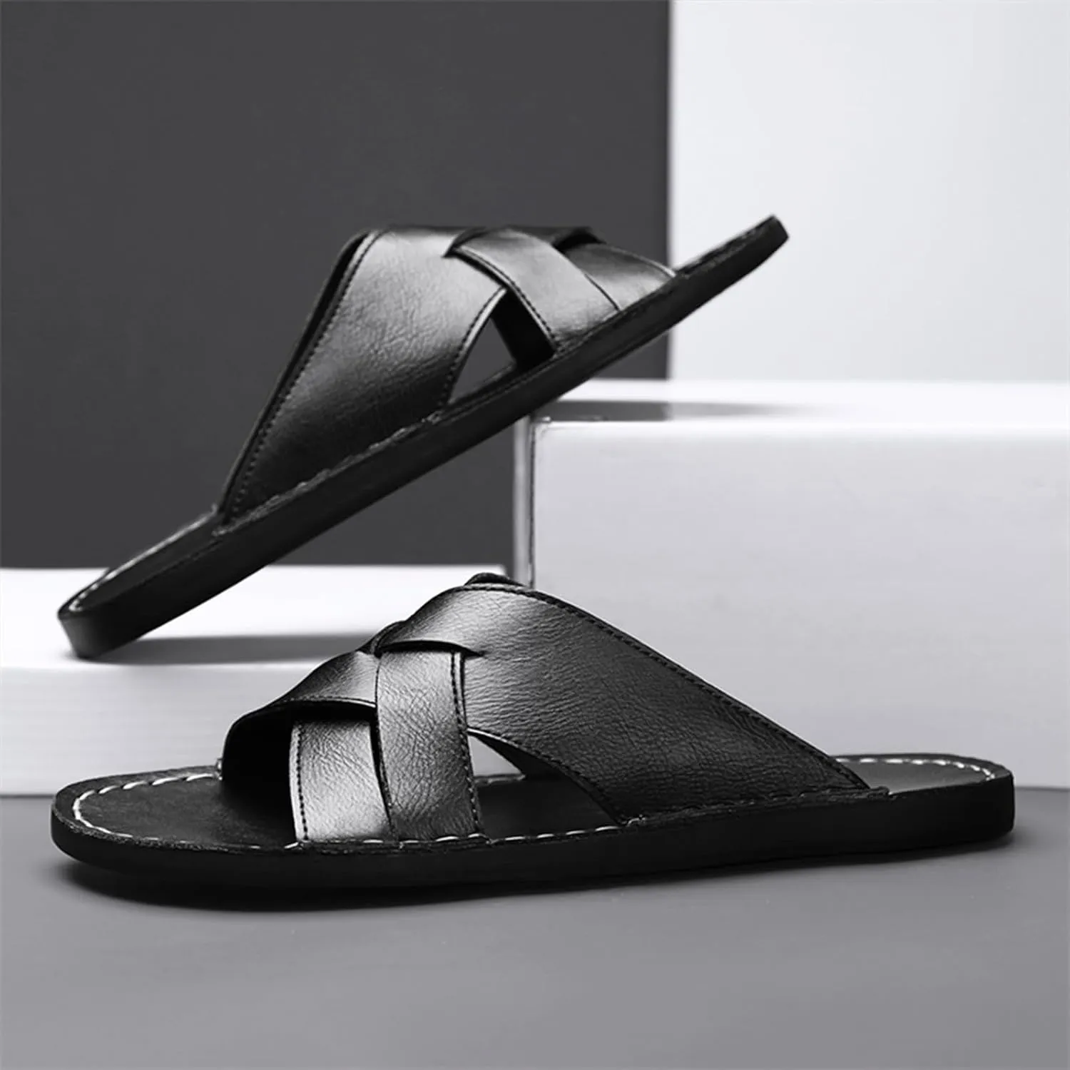 Men's Genuine Leather Braided Flat Slide Sandals Open Toe Lightweight Anti-Slip Slip On Softsole Summer Beach Sandals Indoor Outdoor Casual Slippers
