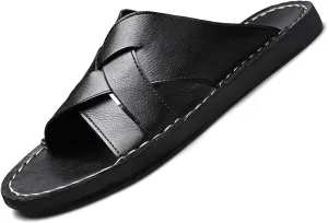 Men's Genuine Leather Braided Flat Slide Sandals Open Toe Lightweight Anti-Slip Slip On Softsole Summer Beach Sandals Indoor Outdoor Casual Slippers