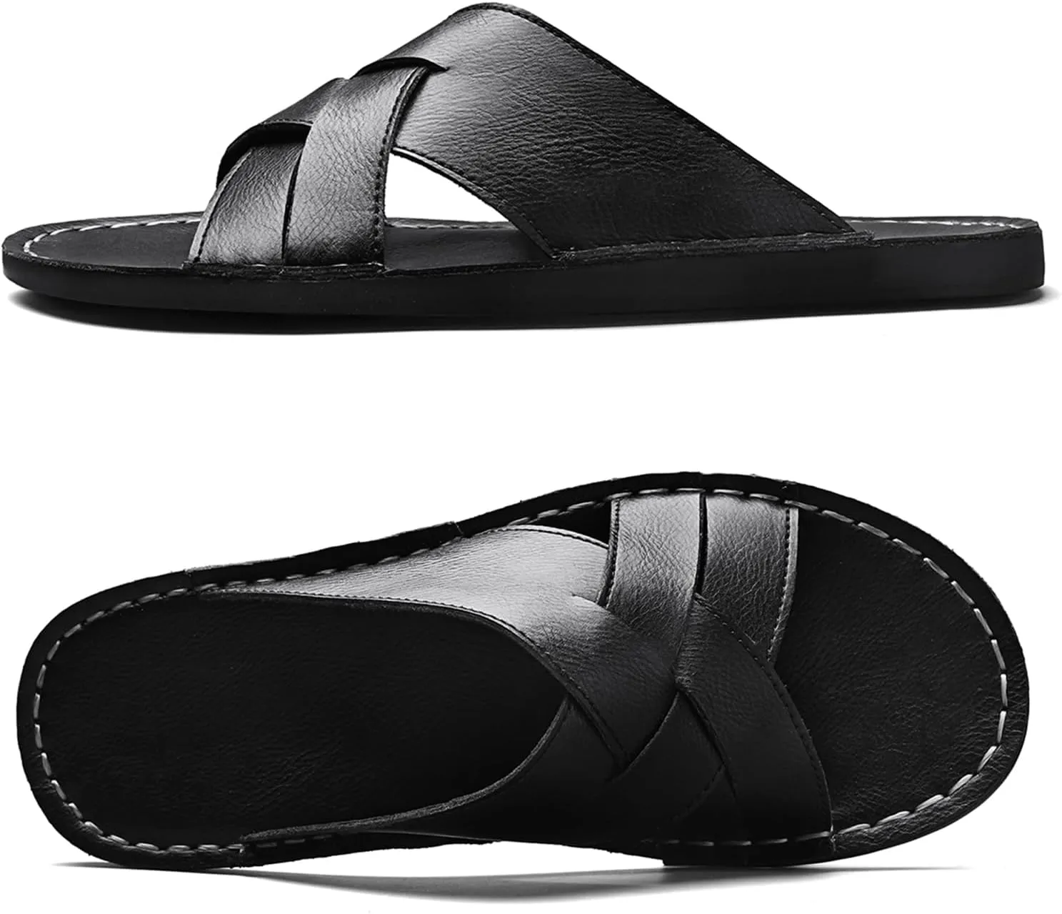 Men's Genuine Leather Braided Flat Slide Sandals Open Toe Lightweight Anti-Slip Slip On Softsole Summer Beach Sandals Indoor Outdoor Casual Slippers