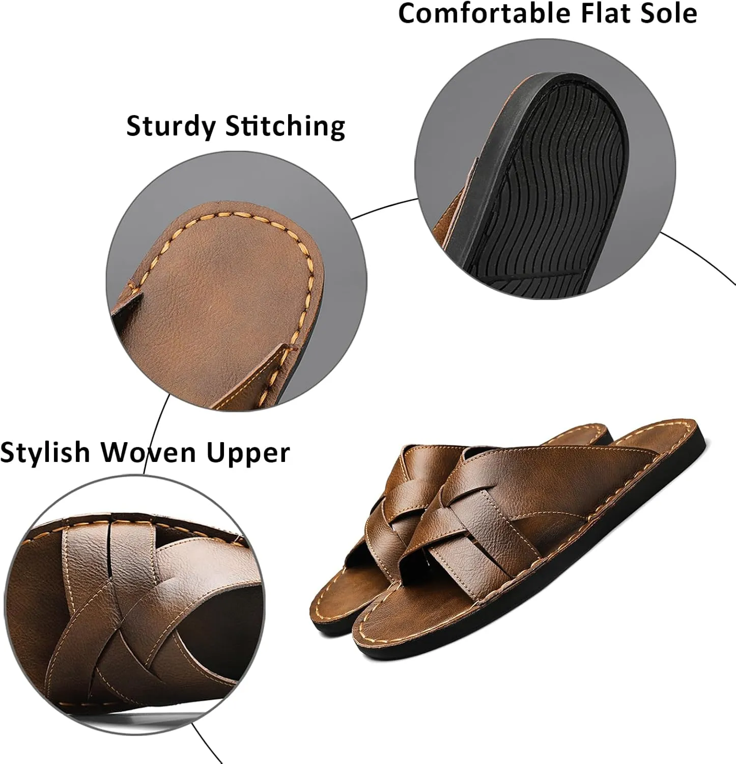 Men's Genuine Leather Braided Flat Slide Sandals Open Toe Lightweight Anti-Slip Slip On Softsole Summer Beach Sandals Indoor Outdoor Casual Slippers