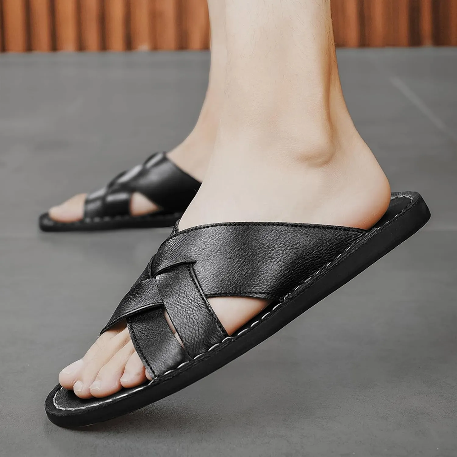 Men's Genuine Leather Braided Flat Slide Sandals Open Toe Lightweight Anti-Slip Slip On Softsole Summer Beach Sandals Indoor Outdoor Casual Slippers