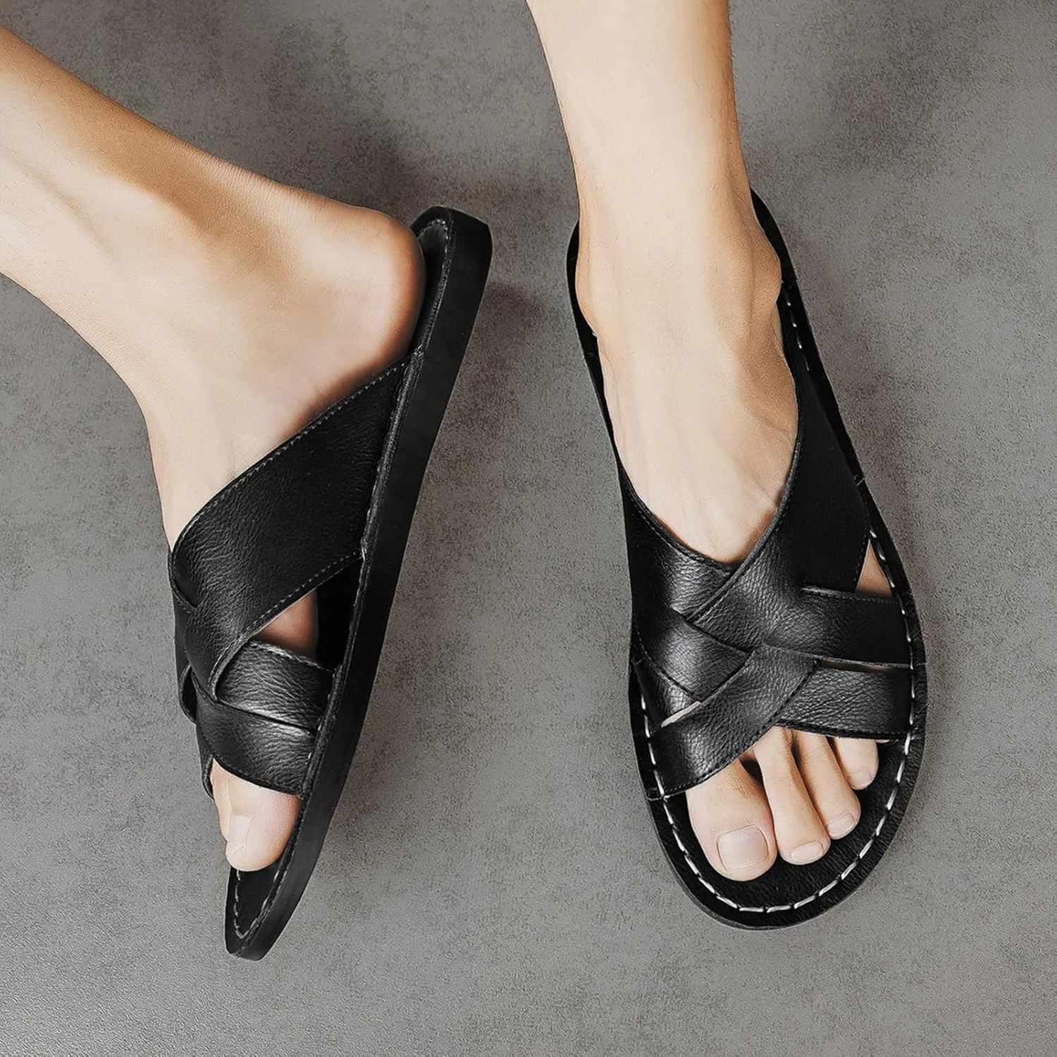 Men's Genuine Leather Braided Flat Slide Sandals Open Toe Lightweight Anti-Slip Slip On Softsole Summer Beach Sandals Indoor Outdoor Casual Slippers