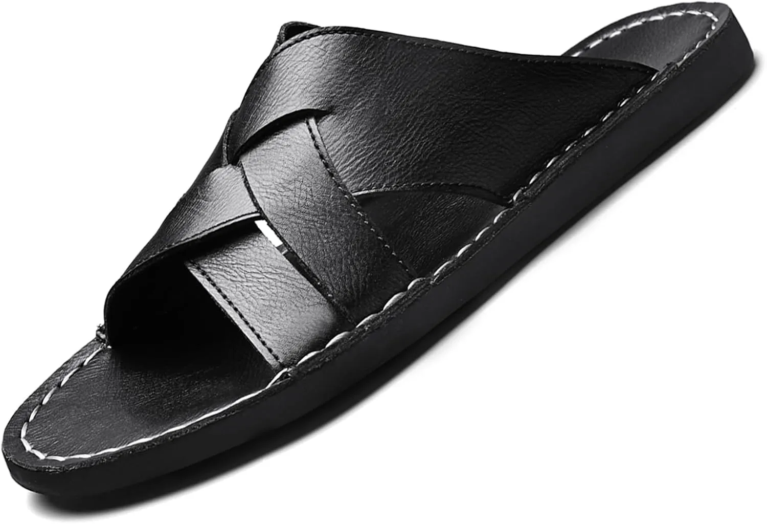 Men's Genuine Leather Braided Flat Slide Sandals Open Toe Lightweight Anti-Slip Slip On Softsole Summer Beach Sandals Indoor Outdoor Casual Slippers