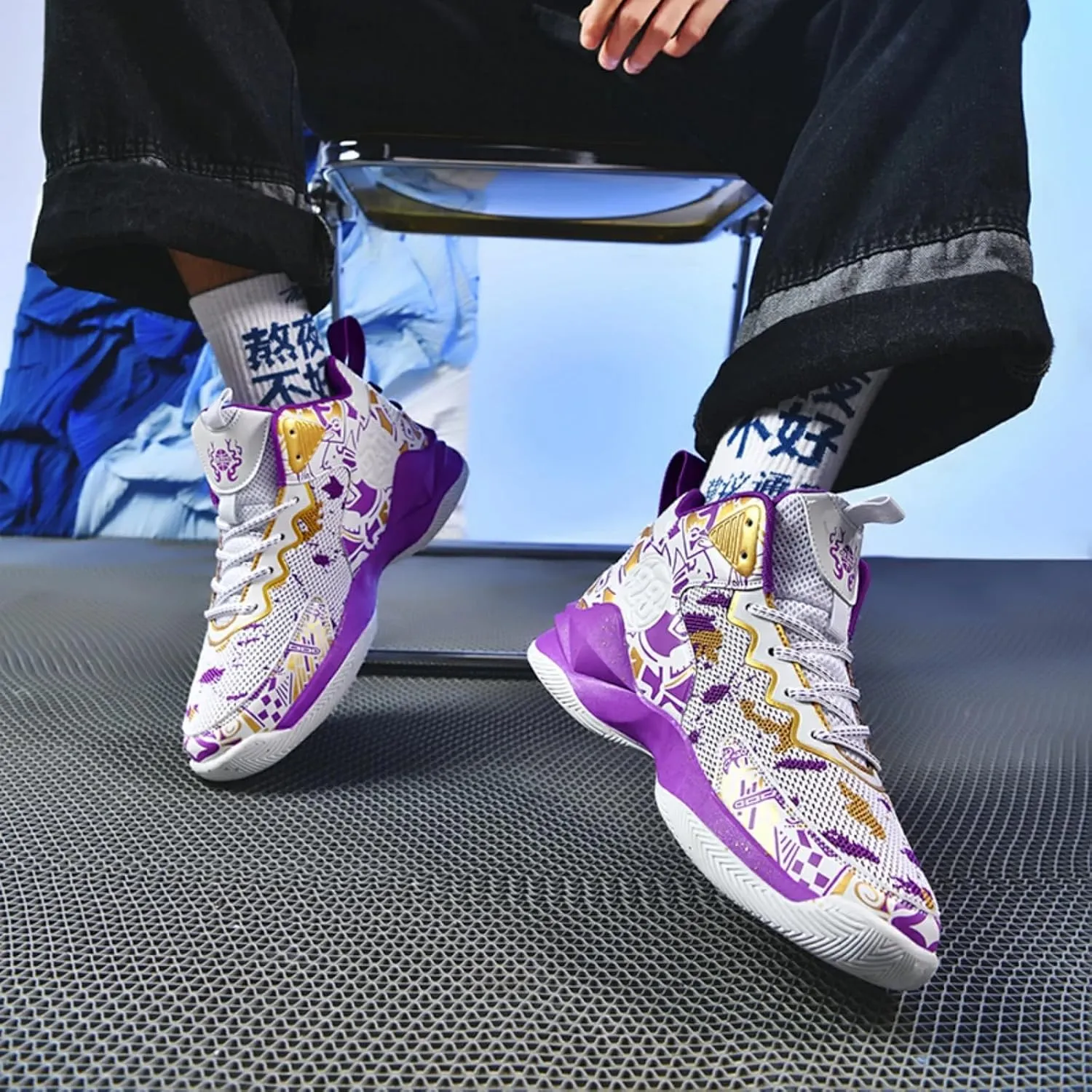 Mens High Top Lace Up Fashion Basketball Shoes with Arch Support Soft Running Shoes Non-Slip Train Sport Volleyball Sneakers