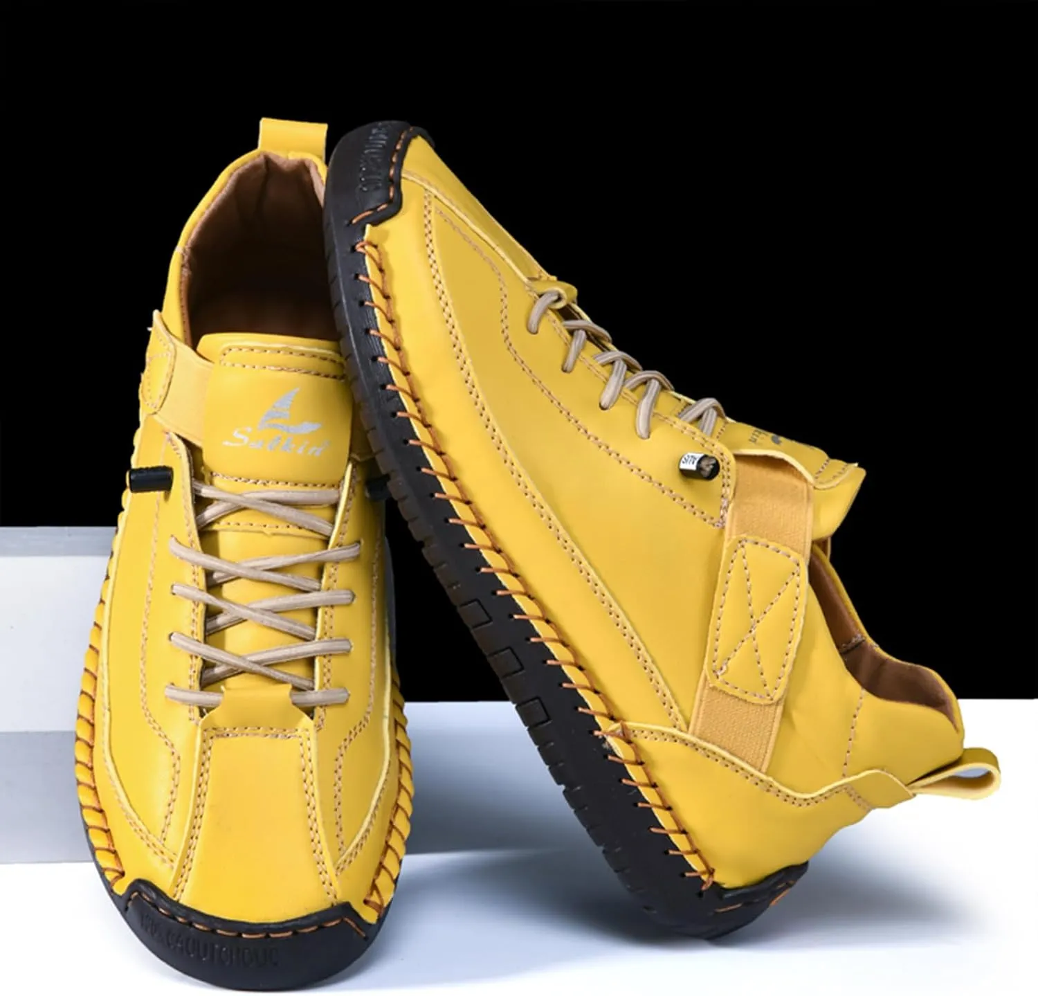 Men's Leather Hand-Sewn Flat Leather Shoes Ankle Chukka Boots One-Step Lightweight Soft-Soled Non-Slip Casual Mid-Top Loafers Hiking Camping Driving Shoes
