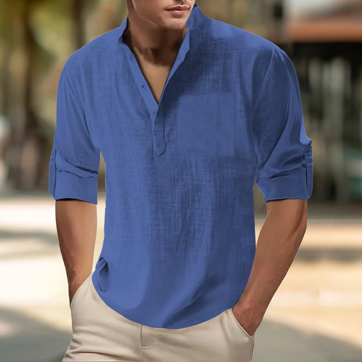 Men's Linen Henley Shirts Casual Cotton 3/4 Sleeve Regular-Fit Summer T-Shirt Breathable Quick Dry Hippie Beach Shirt