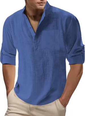 Men's Linen Henley Shirts Casual Cotton 3/4 Sleeve Regular-Fit Summer T-Shirt Breathable Quick Dry Hippie Beach Shirt