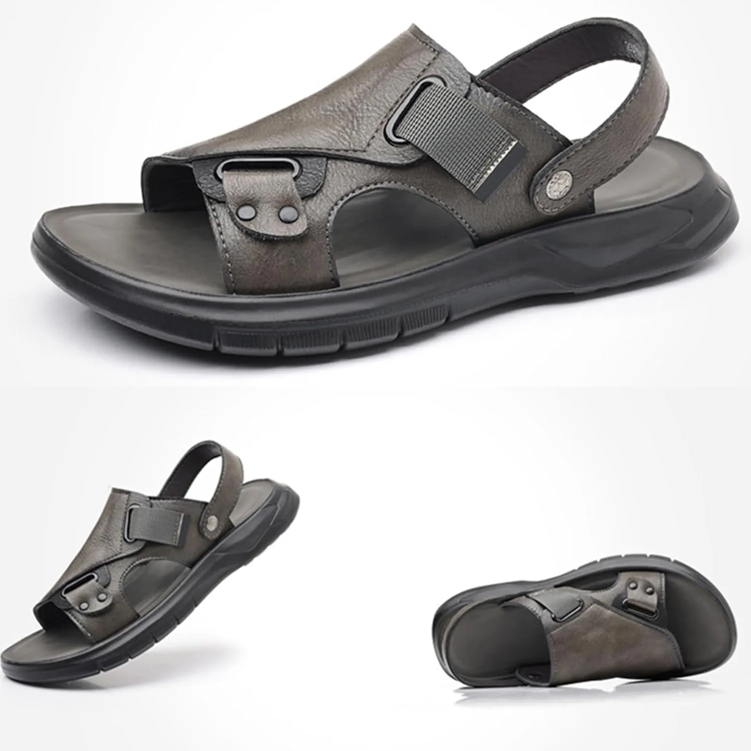 Men'S Pu Leather Flat Sandals With Adjustable Dual-Use Ankle Straps Comfortable Breathable Open-Toe Slip-On Sandals, Soft Casual Sliding Slippers