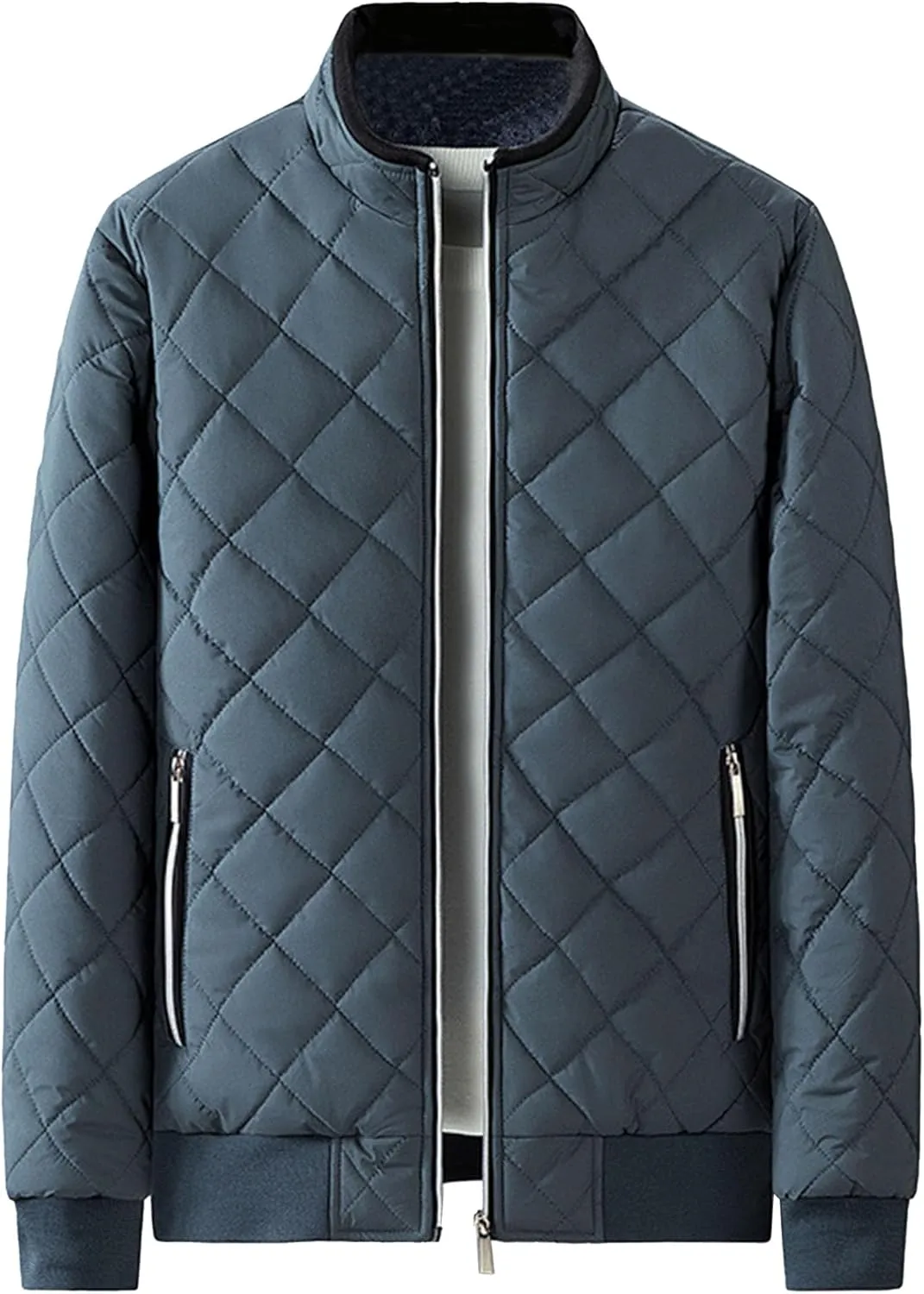 Men's Stand Collar Solid Streetwear Jacket Winter Bomber Diamond Quilted Coat Classic Rib Lightweight Coats