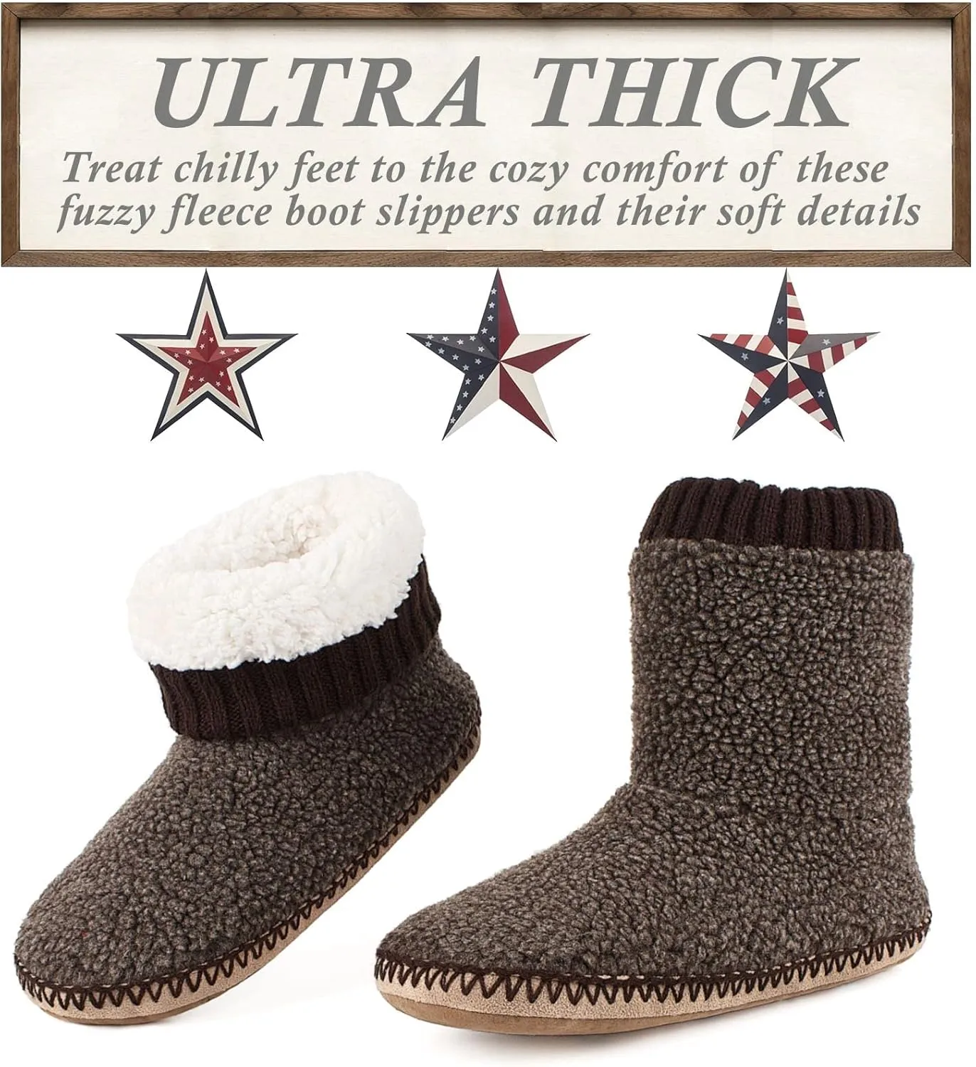 Men's Warm Up House Boots, Thick Fuzzy Sherpa Fleece Winter Moccasin Socks Non-slip Soles, Cozy Soft Comfy Indoor Shoes Rubber Grippers