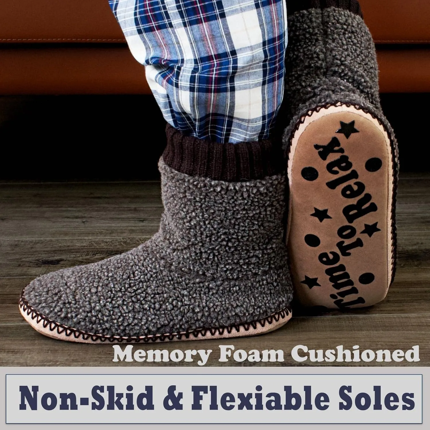 Men's Warm Up House Boots, Thick Fuzzy Sherpa Fleece Winter Moccasin Socks Non-slip Soles, Cozy Soft Comfy Indoor Shoes Rubber Grippers