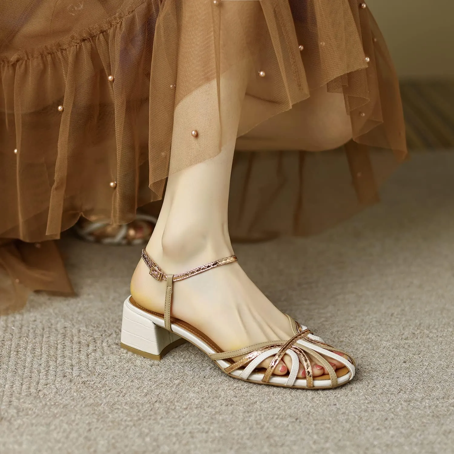 MOOMMO Women Low Heel Sandals Ankle Strap Rainbow Kitten Heel Cage Sandal Shoes T Strap Mary Jane Pumps Chunky Block Heel Cutout Sandals Bridal Wedding Summer Vintage Dressy Elegant Comfort 4-11 M US
