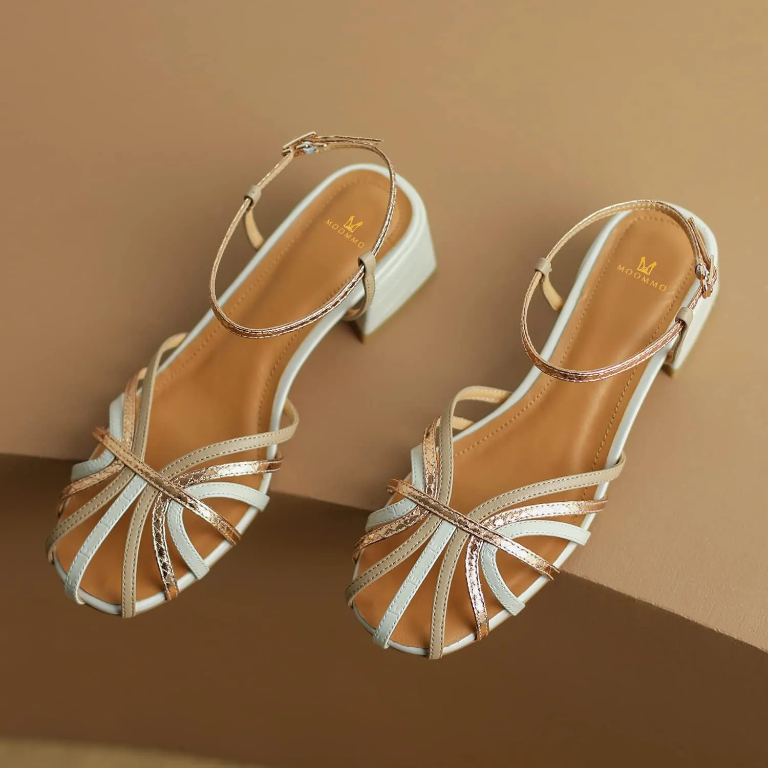 MOOMMO Women Low Heel Sandals Ankle Strap Rainbow Kitten Heel Cage Sandal Shoes T Strap Mary Jane Pumps Chunky Block Heel Cutout Sandals Bridal Wedding Summer Vintage Dressy Elegant Comfort 4-11 M US
