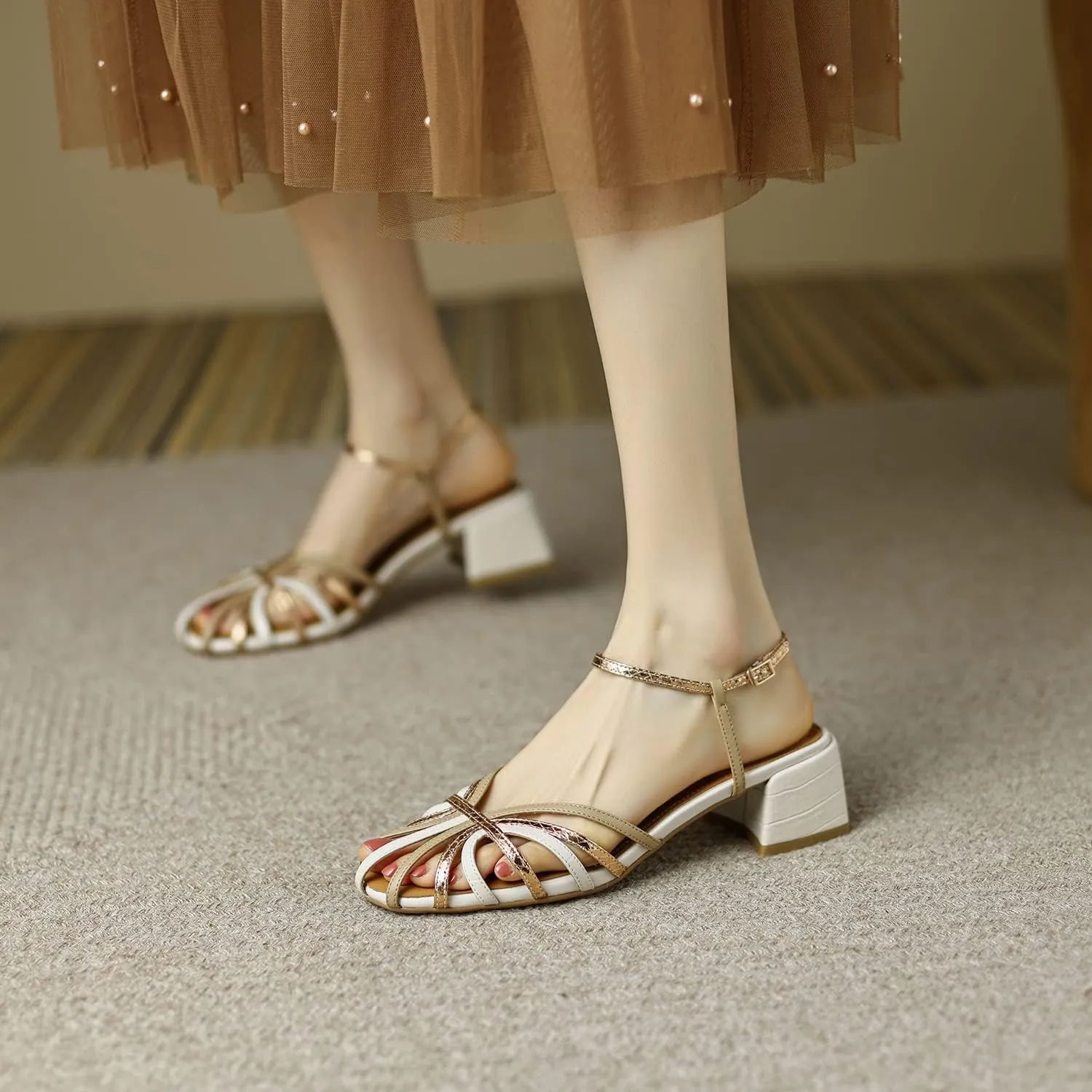 MOOMMO Women Low Heel Sandals Ankle Strap Rainbow Kitten Heel Cage Sandal Shoes T Strap Mary Jane Pumps Chunky Block Heel Cutout Sandals Bridal Wedding Summer Vintage Dressy Elegant Comfort 4-11 M US