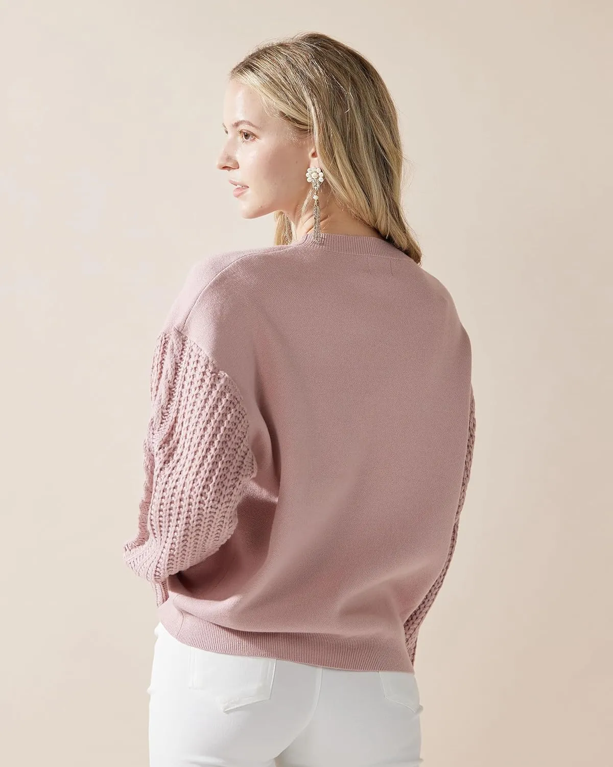 noflik Women's Soft Touch Crew Neck Long Cable Knit Sleeve Sweater Top