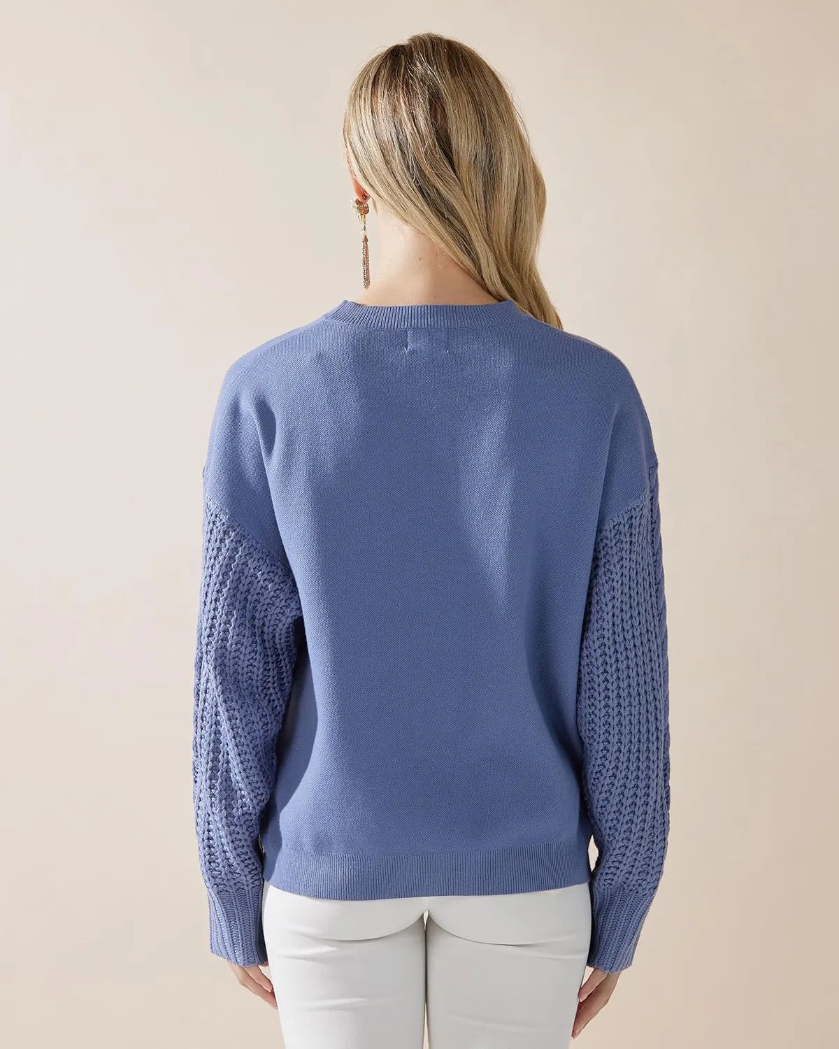 noflik Women's Soft Touch Crew Neck Long Cable Knit Sleeve Sweater Top