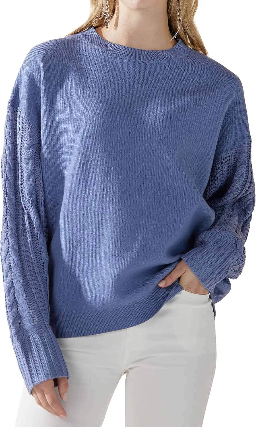 noflik Women's Soft Touch Crew Neck Long Cable Knit Sleeve Sweater Top