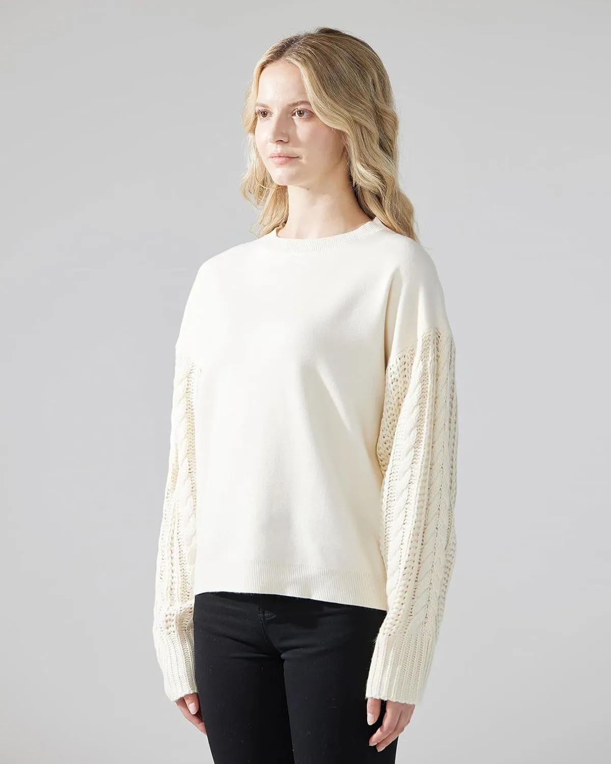 noflik Women's Soft Touch Crew Neck Long Cable Knit Sleeve Sweater Top