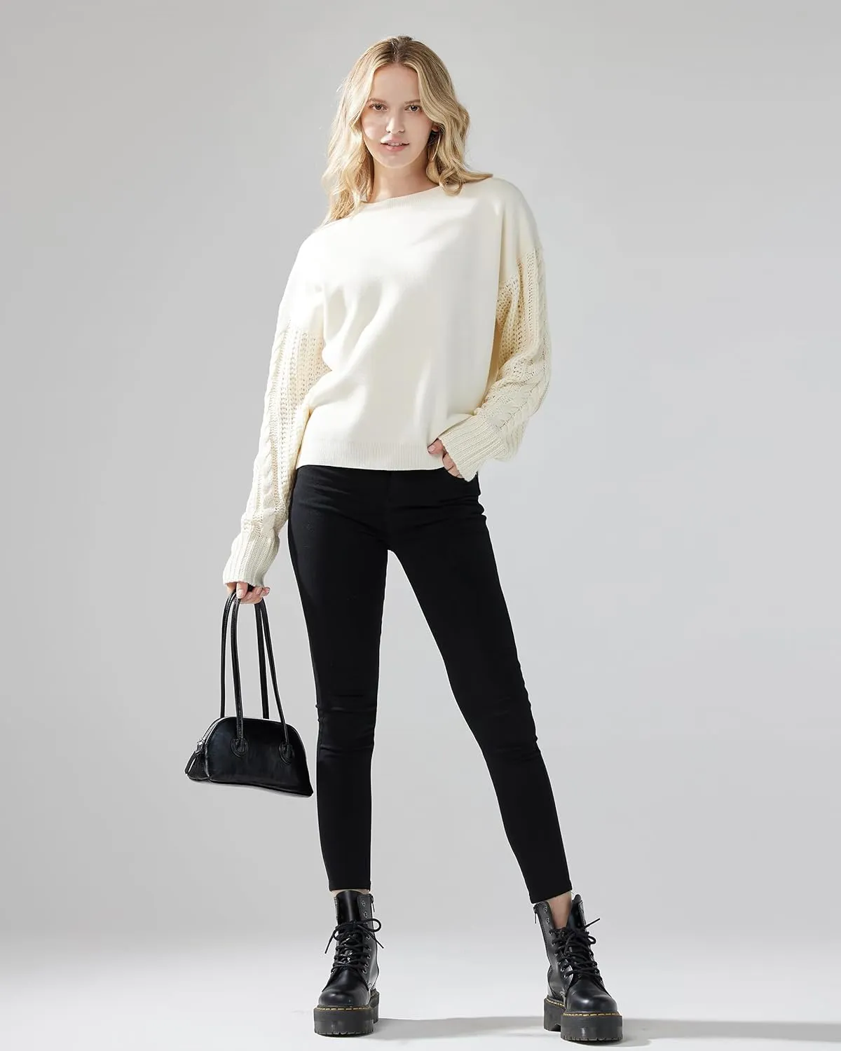 noflik Women's Soft Touch Crew Neck Long Cable Knit Sleeve Sweater Top