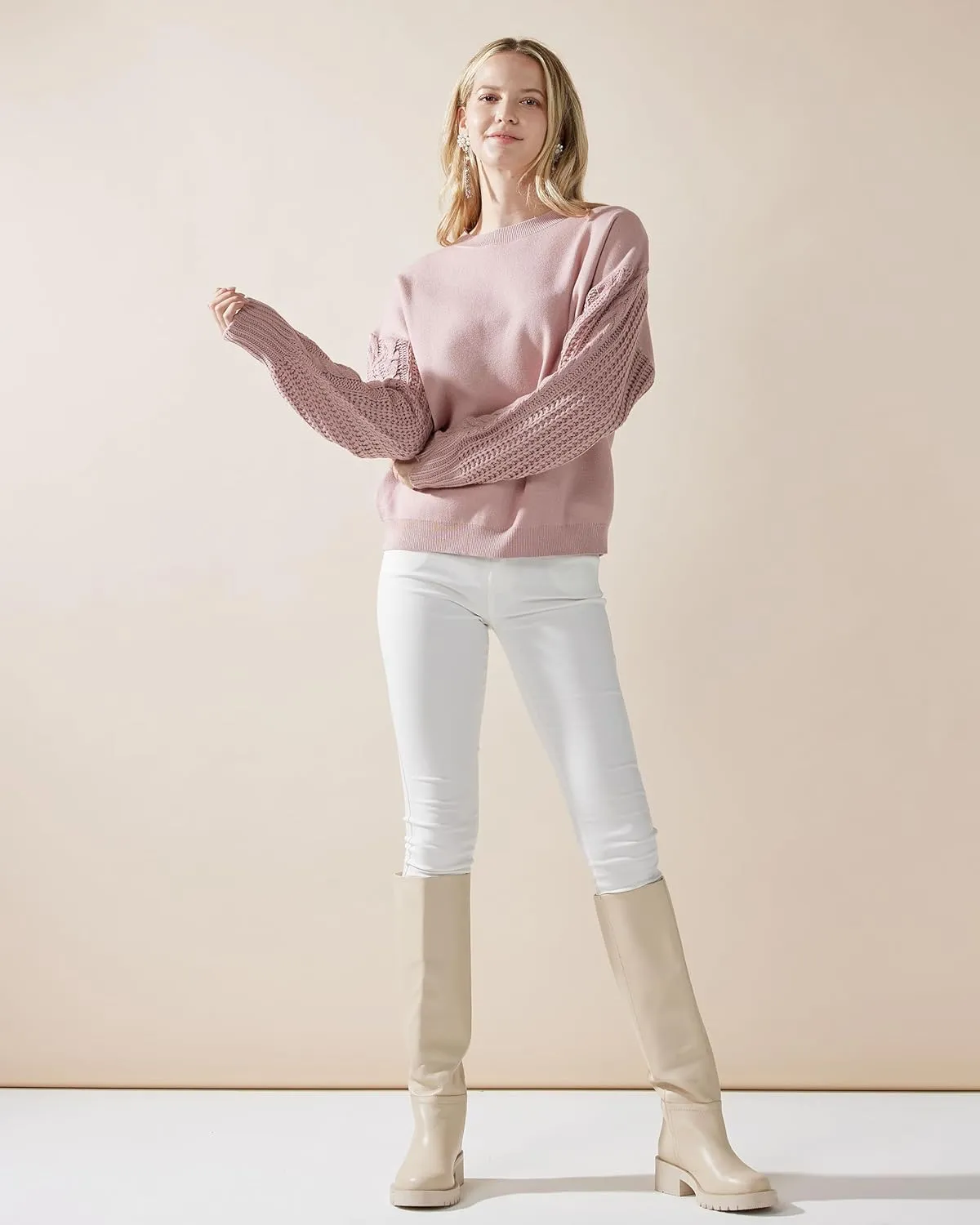 noflik Women's Soft Touch Crew Neck Long Cable Knit Sleeve Sweater Top