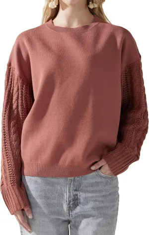 noflik Women's Soft Touch Crew Neck Long Cable Knit Sleeve Sweater Top
