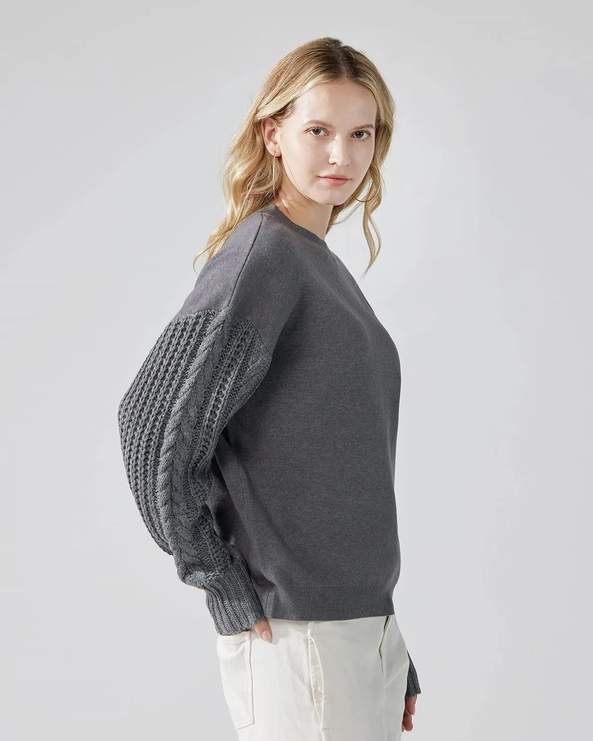 noflik Women's Soft Touch Crew Neck Long Cable Knit Sleeve Sweater Top