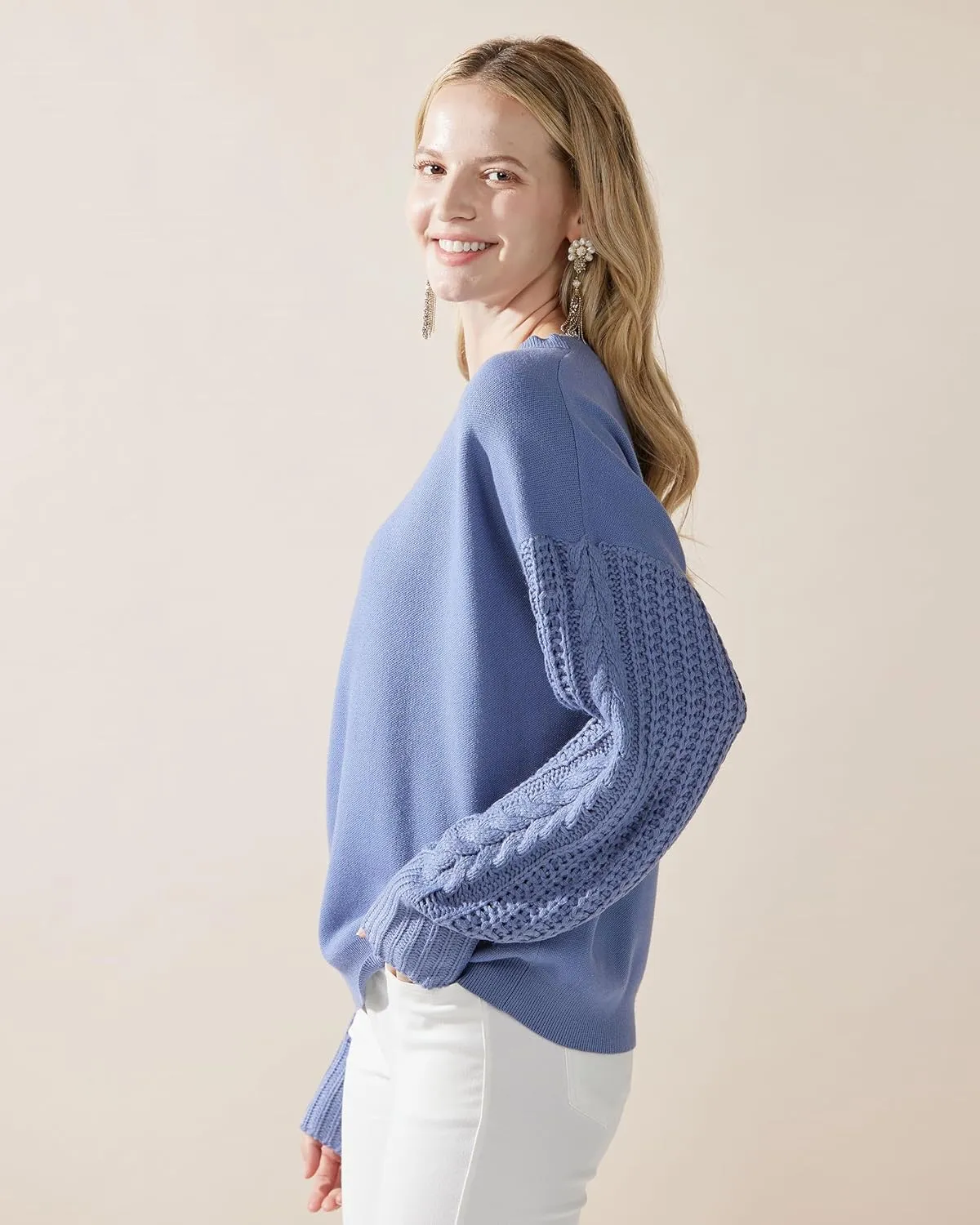 noflik Women's Soft Touch Crew Neck Long Cable Knit Sleeve Sweater Top
