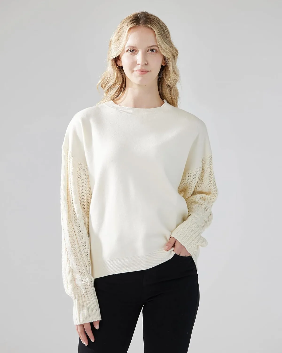 noflik Women's Soft Touch Crew Neck Long Cable Knit Sleeve Sweater Top