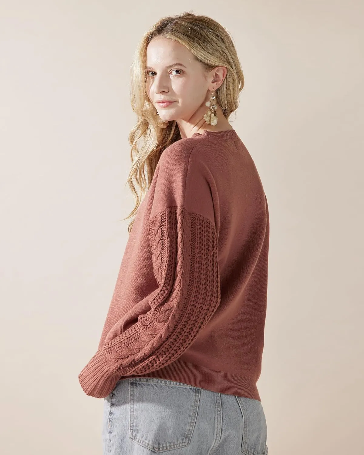 noflik Women's Soft Touch Crew Neck Long Cable Knit Sleeve Sweater Top