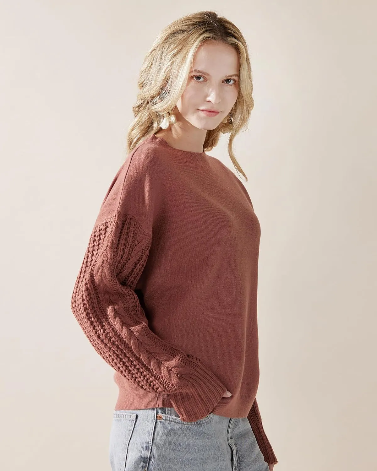 noflik Women's Soft Touch Crew Neck Long Cable Knit Sleeve Sweater Top