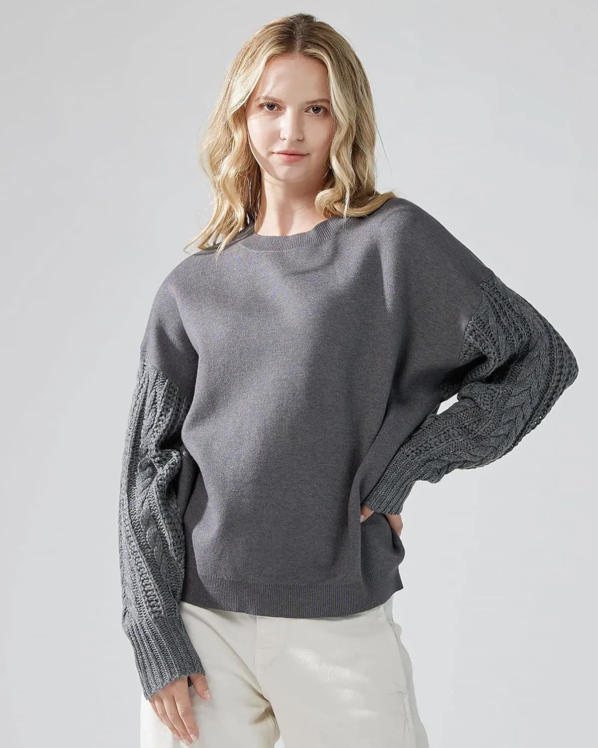 noflik Women's Soft Touch Crew Neck Long Cable Knit Sleeve Sweater Top