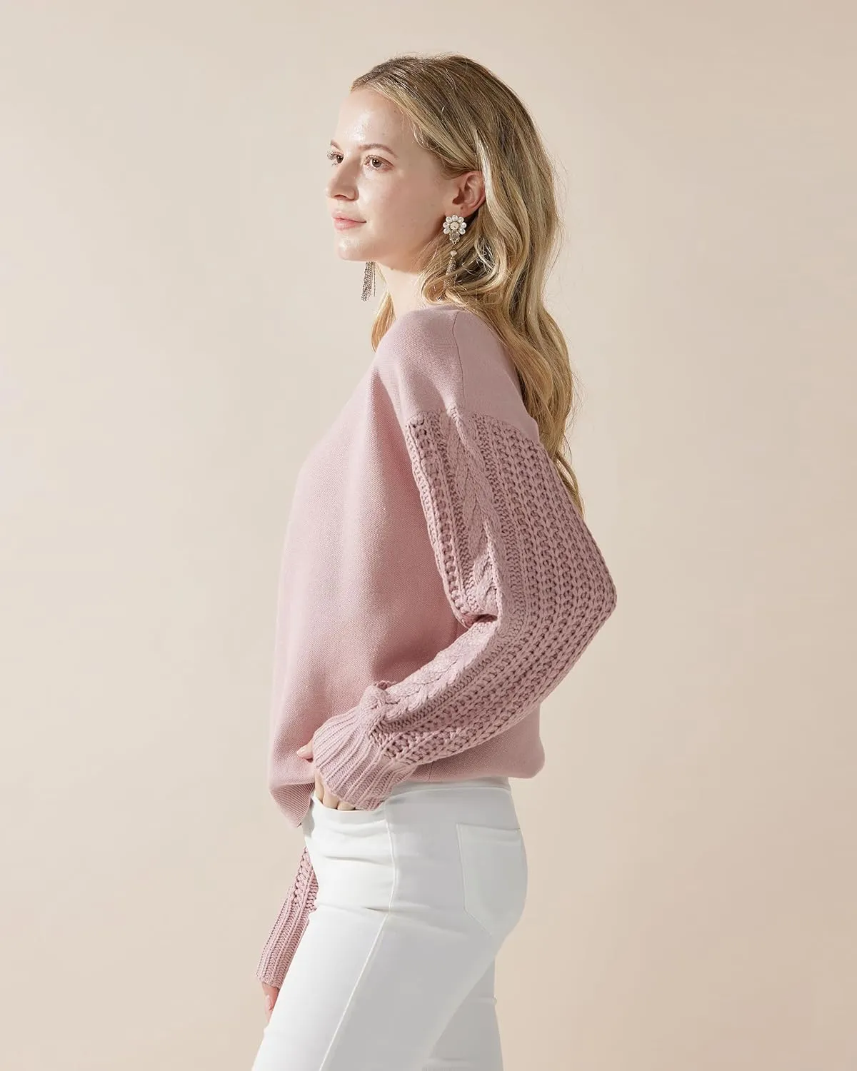 noflik Women's Soft Touch Crew Neck Long Cable Knit Sleeve Sweater Top